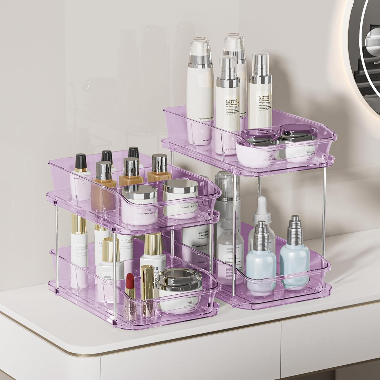 2-Tier Under Sink Organizers and Storage, Multi-Purpose Stackable Bathroom Cabinet organizers, Pull Out Kitchen Pantry Organization and Storage with Dividers(2 Pack, Purple)