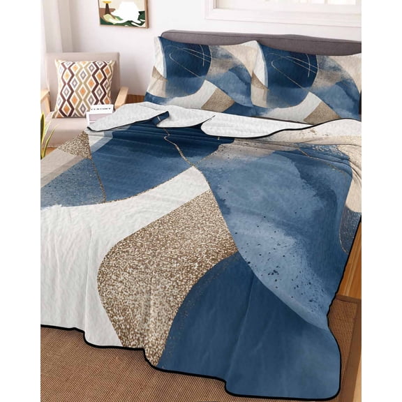 Navy Blue Geometric Queen Size Down Alternative Comforter, Lightweight Comforter Quilt Bedding Set with Pillow Shams Abstract Art Modern All Seasons Bed Comforter Duvet Insert 90"x96"
