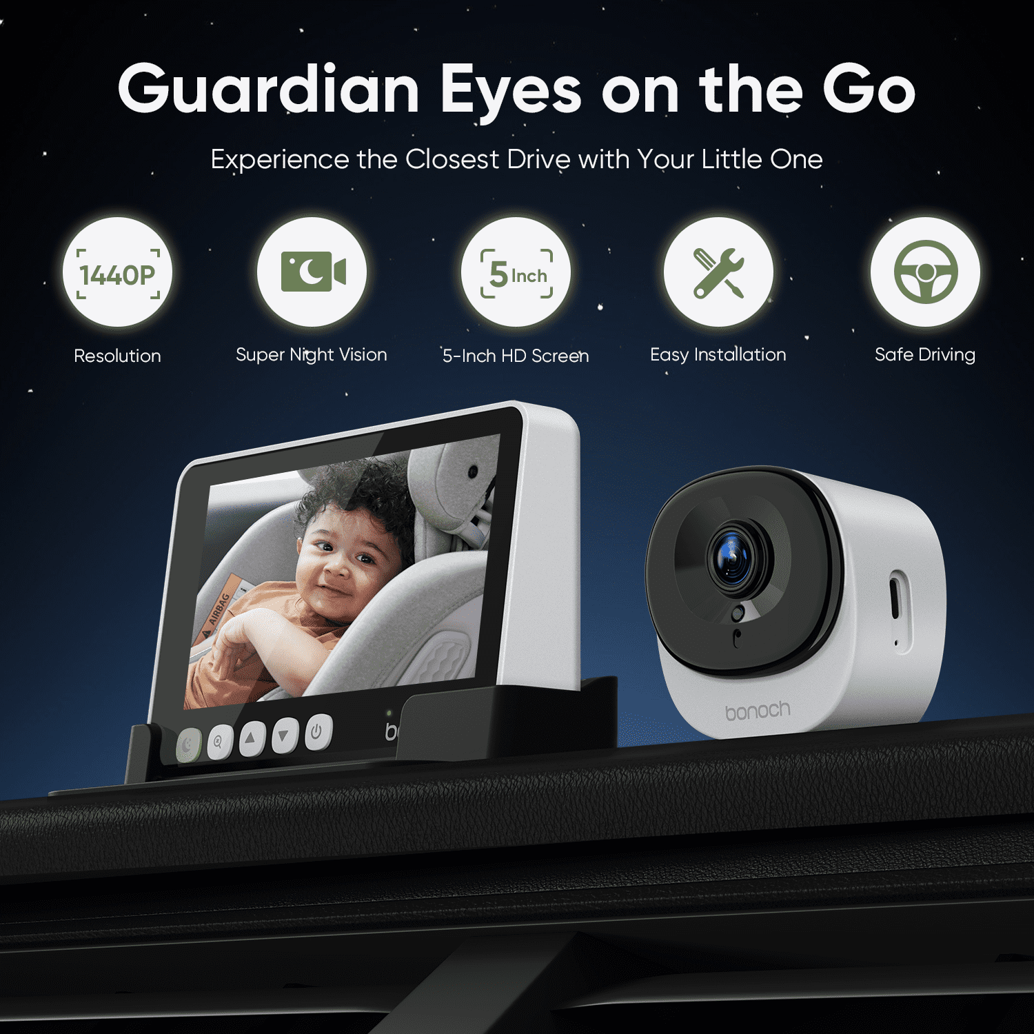 5 Inch Baby Car Montior with 2K Baby Car Camera Full Crystal Night Vision