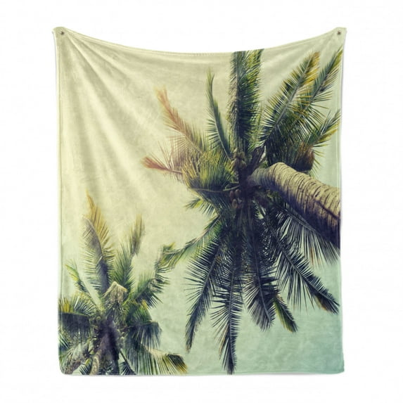 Palm Tree Soft Flannel Fleece Throw Blanket, Coconut Trees on Tropical Beach Caribbean Coastline Ocean Summer, Cozy Plush for Indoor and Outdoor Use, 70" x 90", Pale Yellow Green Brown, by Ambesonne