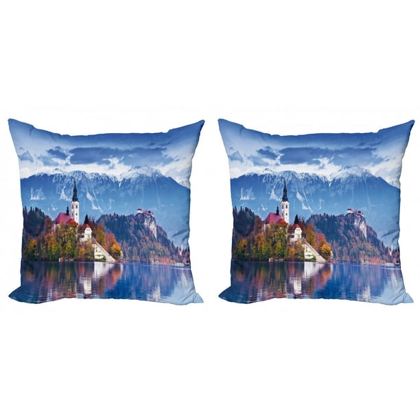 Landscape Throw Pillow Cushion Cover Pack Of 2 Photo Of Bled In Slovenia With Lake Snowy Mountains And A Castle Pastoral Scenery Zippered Double Side Digital Print 4 Sizes Multicolor By Ambesonne