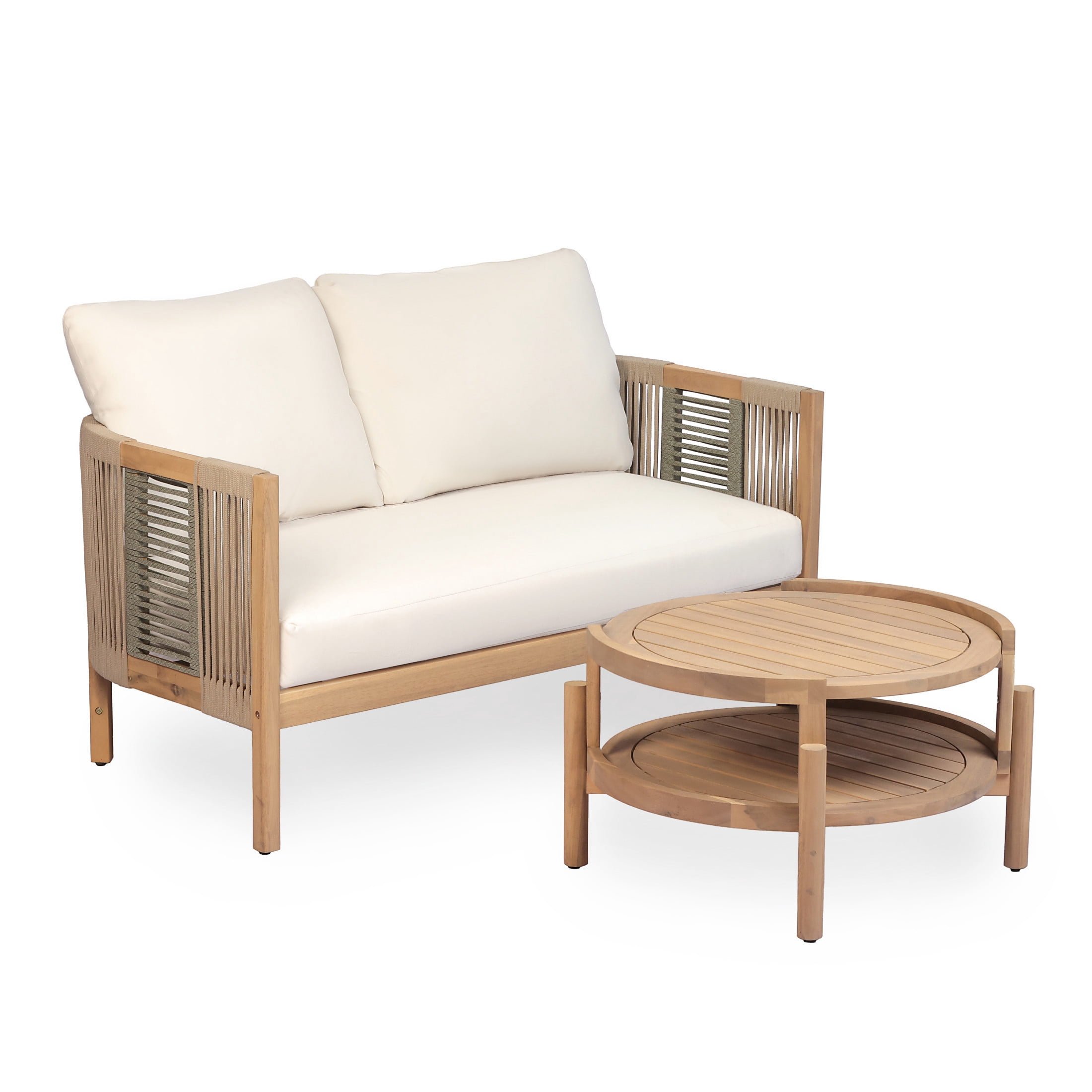 Christopher Knight Home Boho Outdoor Wood Loveseat and Coffee Table Set with Rope Accents, Teak+Beige