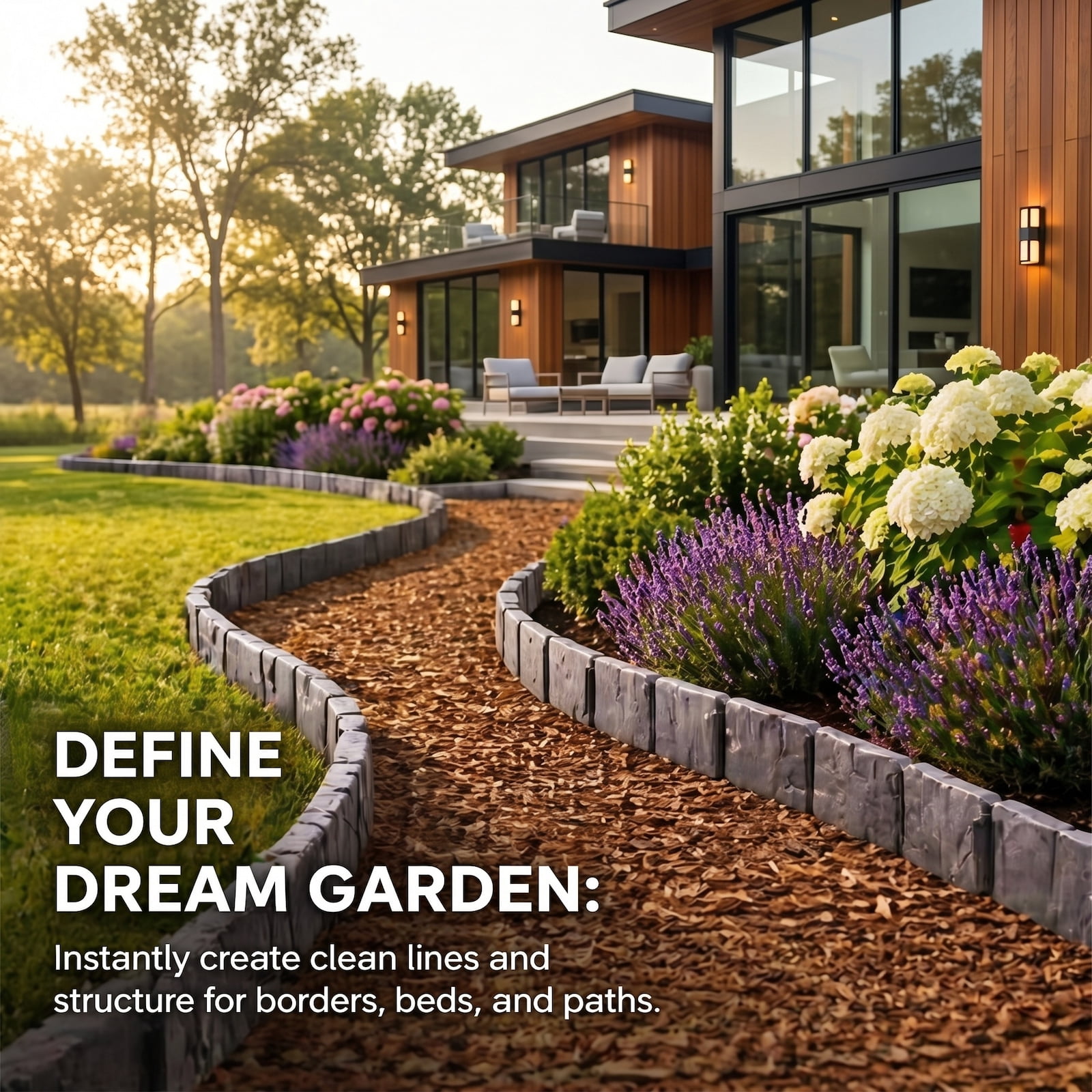 Faux Stone Landscape Edging, No-Dig Plastic Garden Border Fence, Interlocking Lawn Edging for Flower Beds & Pathways