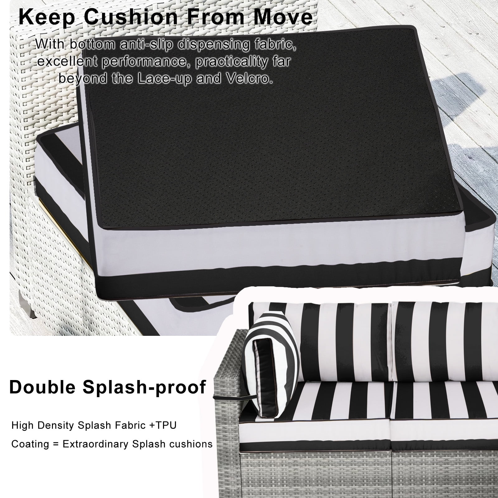 PUKNLY Outdoor Furniture Replacement Cushions, Fits 6-seat Sectional Rattan Conversation Set, 14 Piece Patio Water-Resistant Replacement Sofa Cushions, Liner&Cover（Black White Stripes）