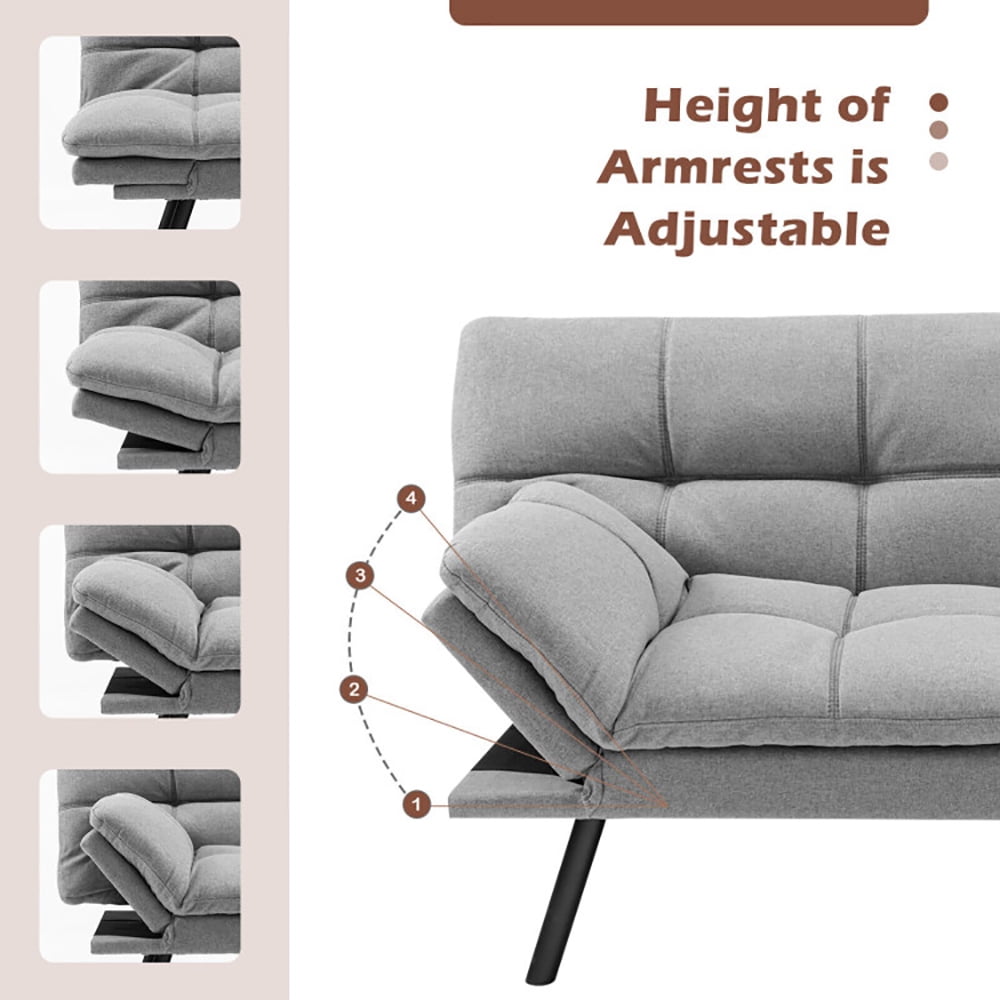 Finihen Sofa Bed, Convertible Memory Foam Couch Bed, Convertible Memory Foam Futon Sofa Bed with Adjustable Armrest, for Living Room, Gray