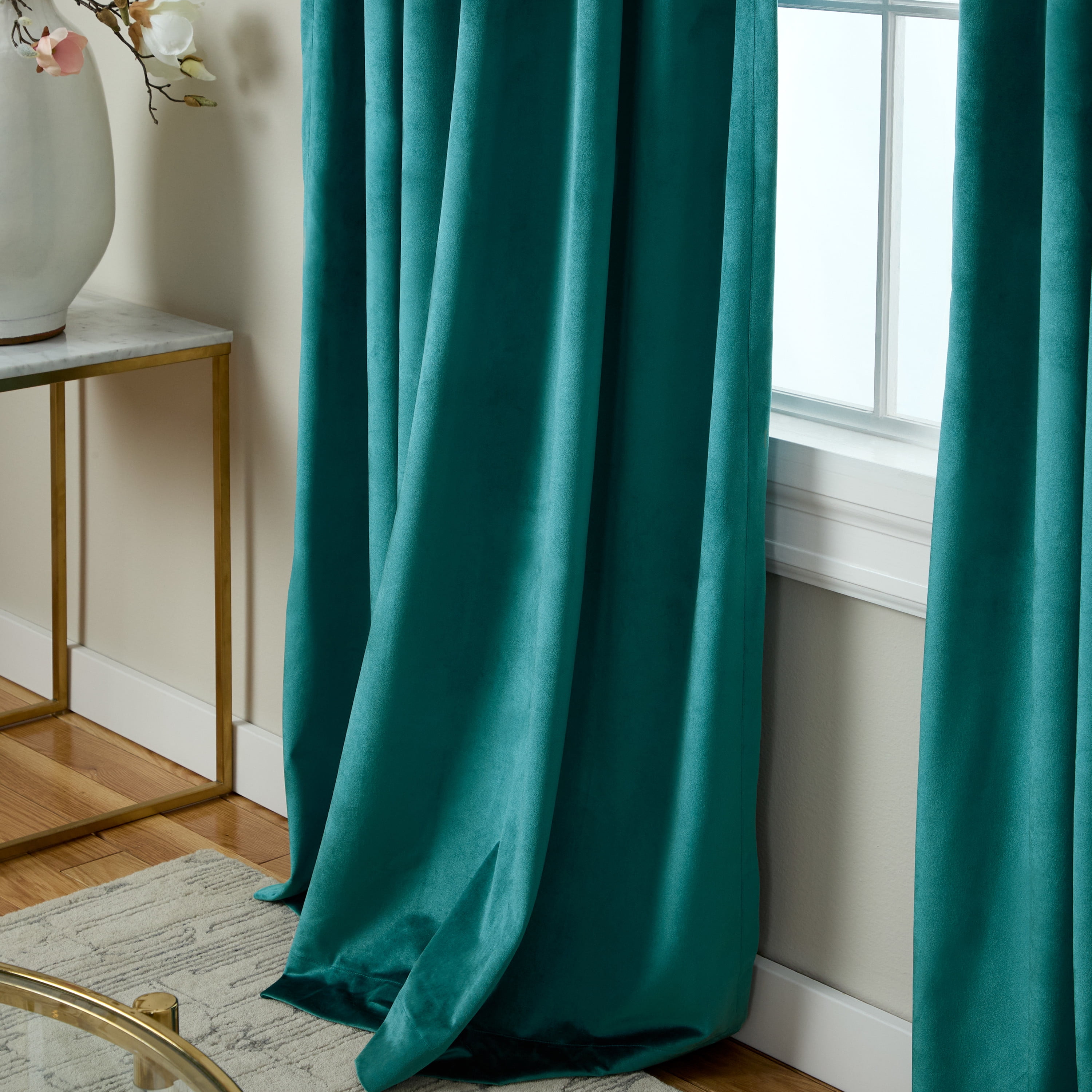 TOWN & COUNTRY LUXE Velour Solid Heavyweight Indoor Curtains, Light Filtering Opacity, Triple Pinch Pleat Top, Plush Velvet, 2-Pack Set, 27"x108", Teal