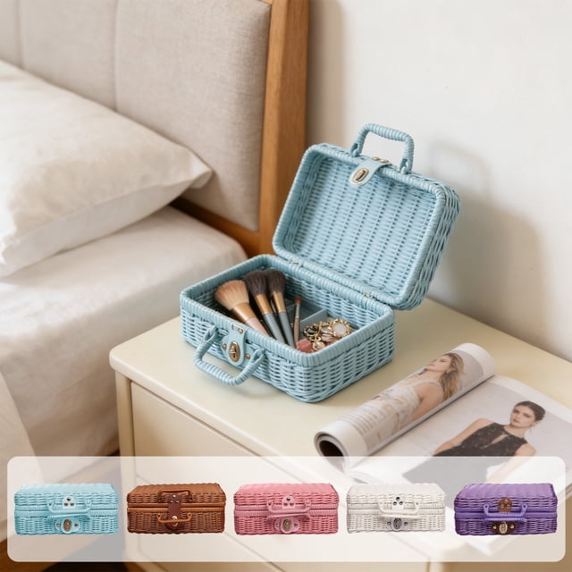 Caja De Almacenamiento De Plástico Caja de almacenamiento de ratán sintético, organizadora de plástico para decoración del hogar, recuerdo de fotos de boda (azul) Rkxzt