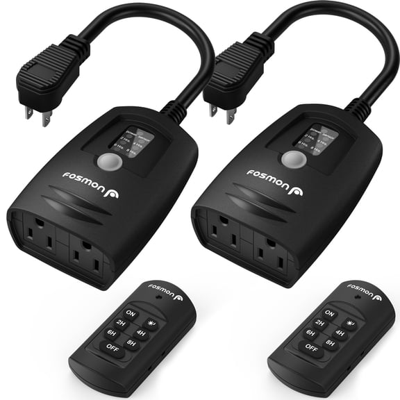 Fosmon Outdoor Light Timer Outlet with Wireless Remote Control (2-pack), Waterproof Dusk to Dawn Plug-in Timer for Electrical Outlets, Outside Lighting, 100 ft Range, 15A 1/2HP, Grounded-UL Listed