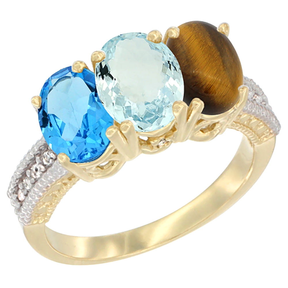 14K Yellow Gold Natural Swiss Blue Topaz, Aquamarine & Tiger Eye Ring 3-Stone 7x5 mm Oval Diamond Accent, sizes 5 10 by WorldJewels
