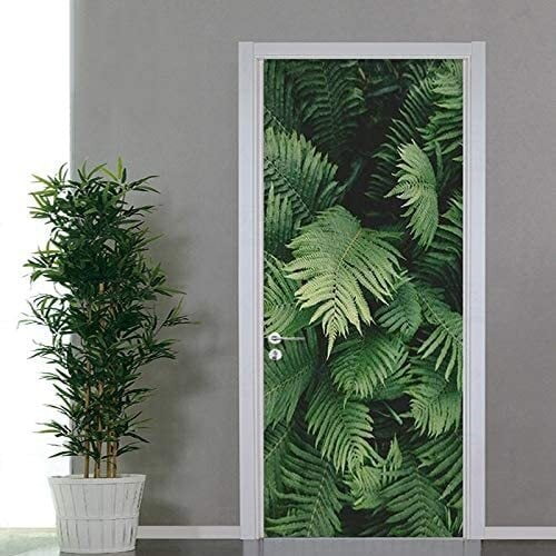 3D Door Stickers Poster Green Plant Leaves Creative Trompe L'Oeil Door Wallpaper For Living Room Bedroom Home Decoration Waterproof Wall Stickers Removable Decals