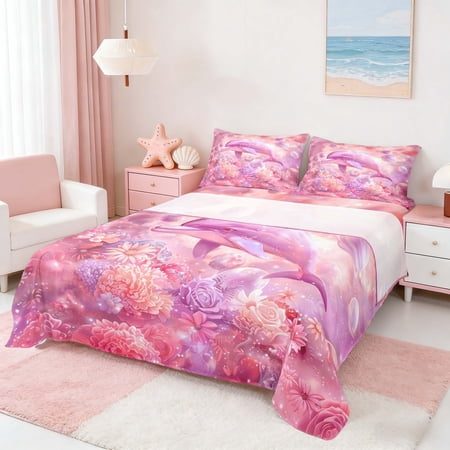 Manfei Dreamy Pink Dolphin Flower Full Size Sheets for Kids Boys and Girls Marine Fantasy Print Bed Sheets 4 Pieces 1 Flat Sheet 1 Fitted Sheet and 2 Pillowcases