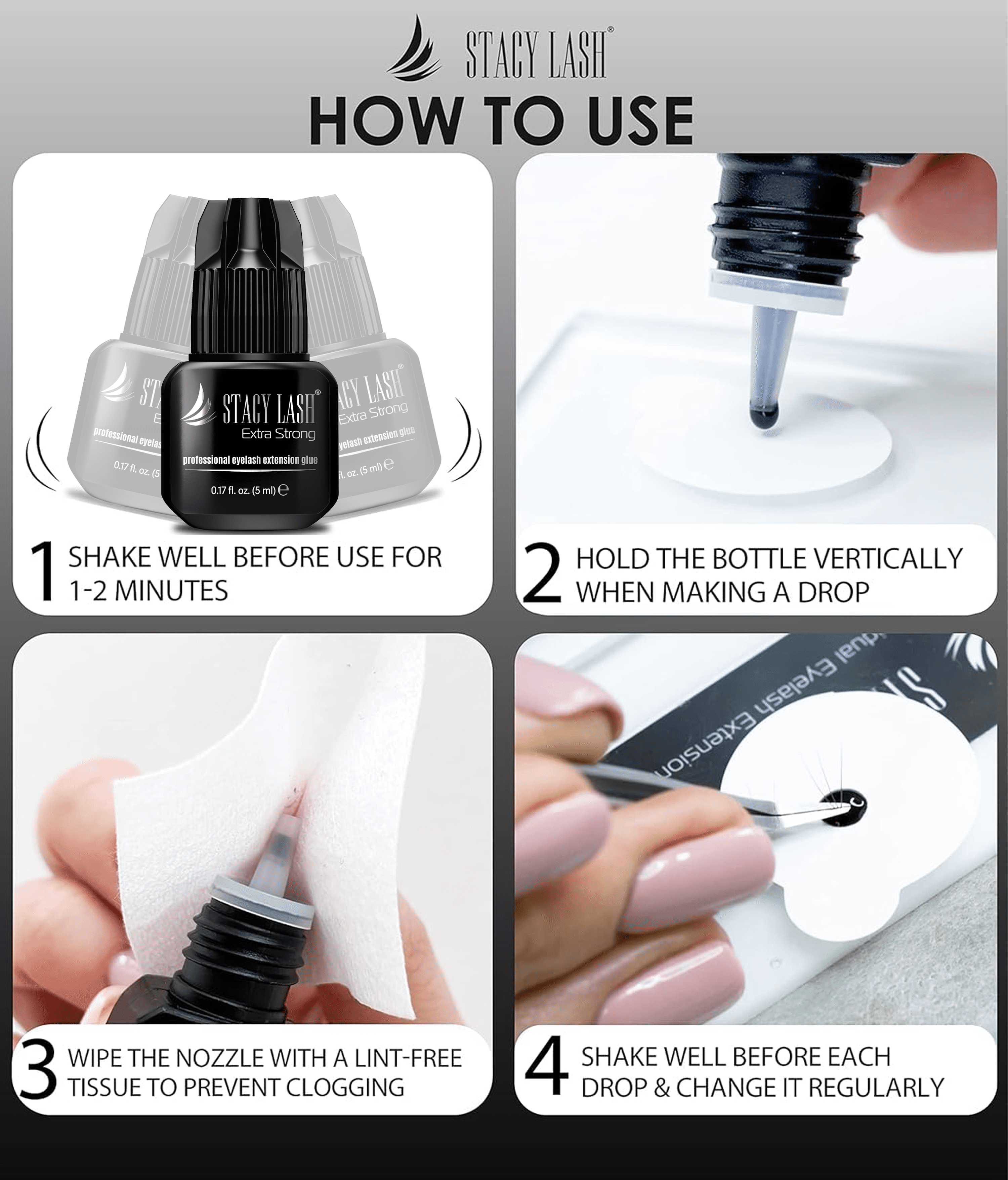 Stacy Lash Extra Strong Adhesive (0.17 fl.oz / 5 ml) / Black Cyanoacrylate Eyelash Extension Glue / Strong and Fast Drying Formula / Professional Use Only