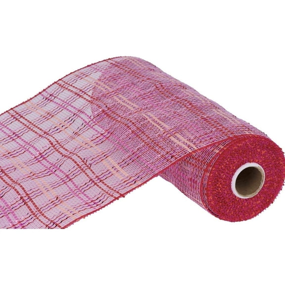 10" Vertical Foil Plaid Mesh Ribbon: Pink and Red (10 Yards)