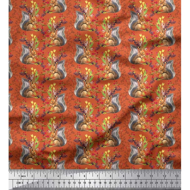 Soimoi Modal Satin Fabric Leaves,Floral & Squirrel Animal Fabric Prints by Yard 42 Inch Wide
