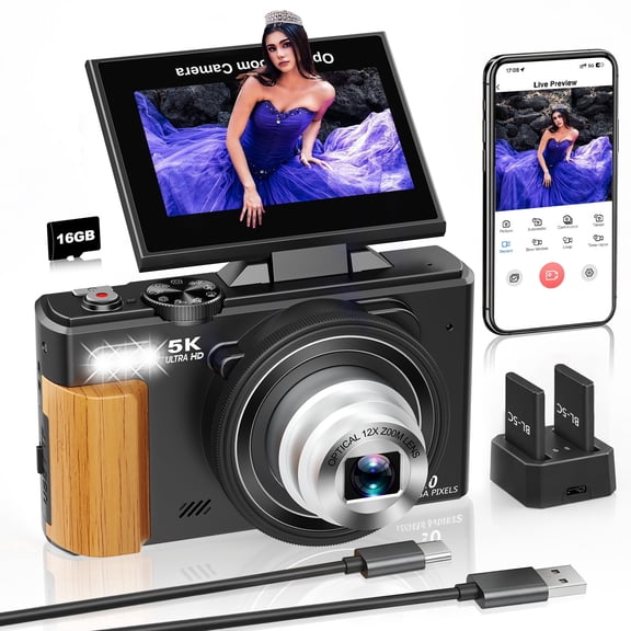XLURC 5K Digital Camera with 12X Optical Zoom 80MP Vlogging Camera with 3" 180° Flip Screen & Wifi Compact Travel Cameras for Photography with 2 Batteries