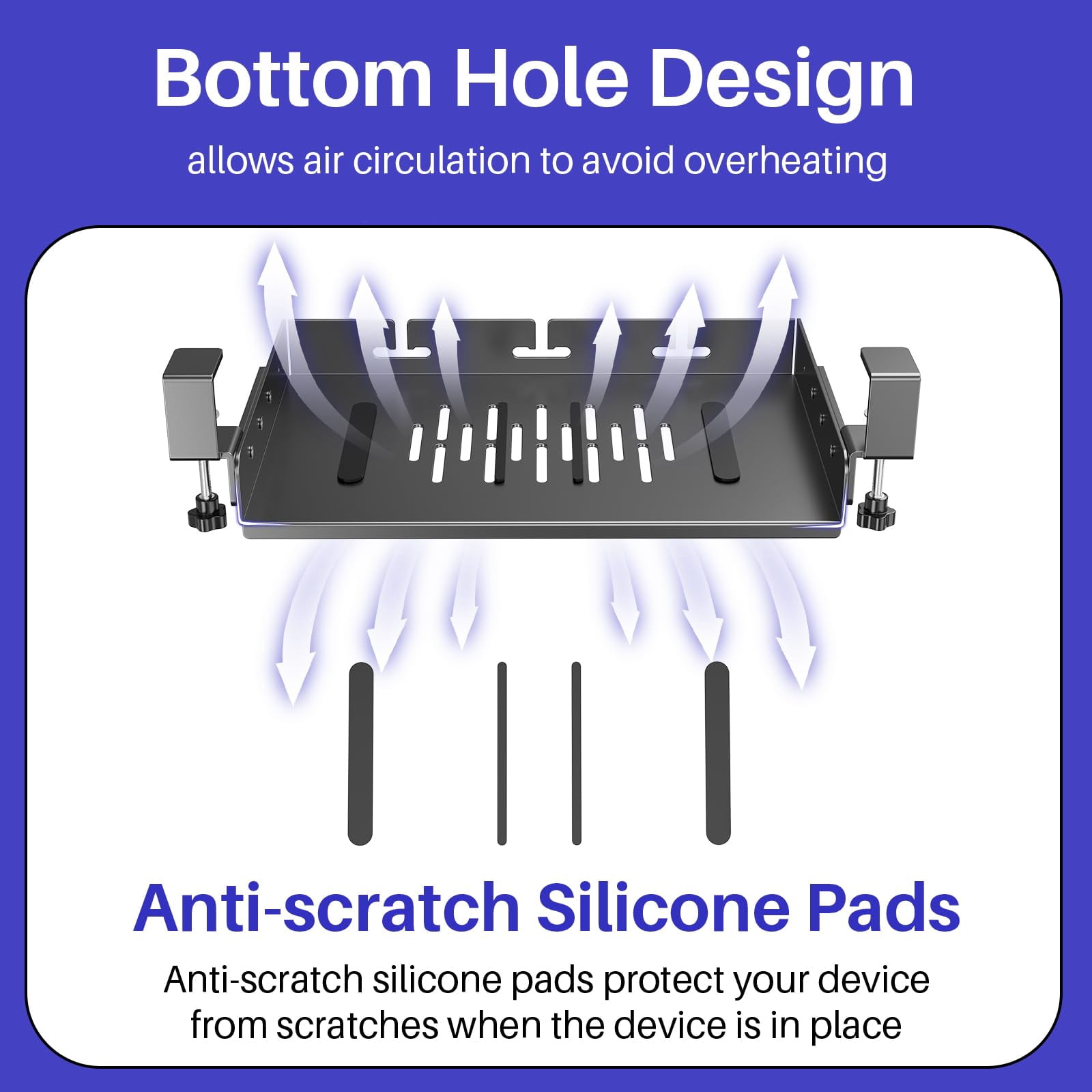No Drill Under Desk Laptop Mount  Metal Storage Shelf With Cable Management Tray For Macbook Mini Anti-scratch Silicone Fits Office Gaming Workstations