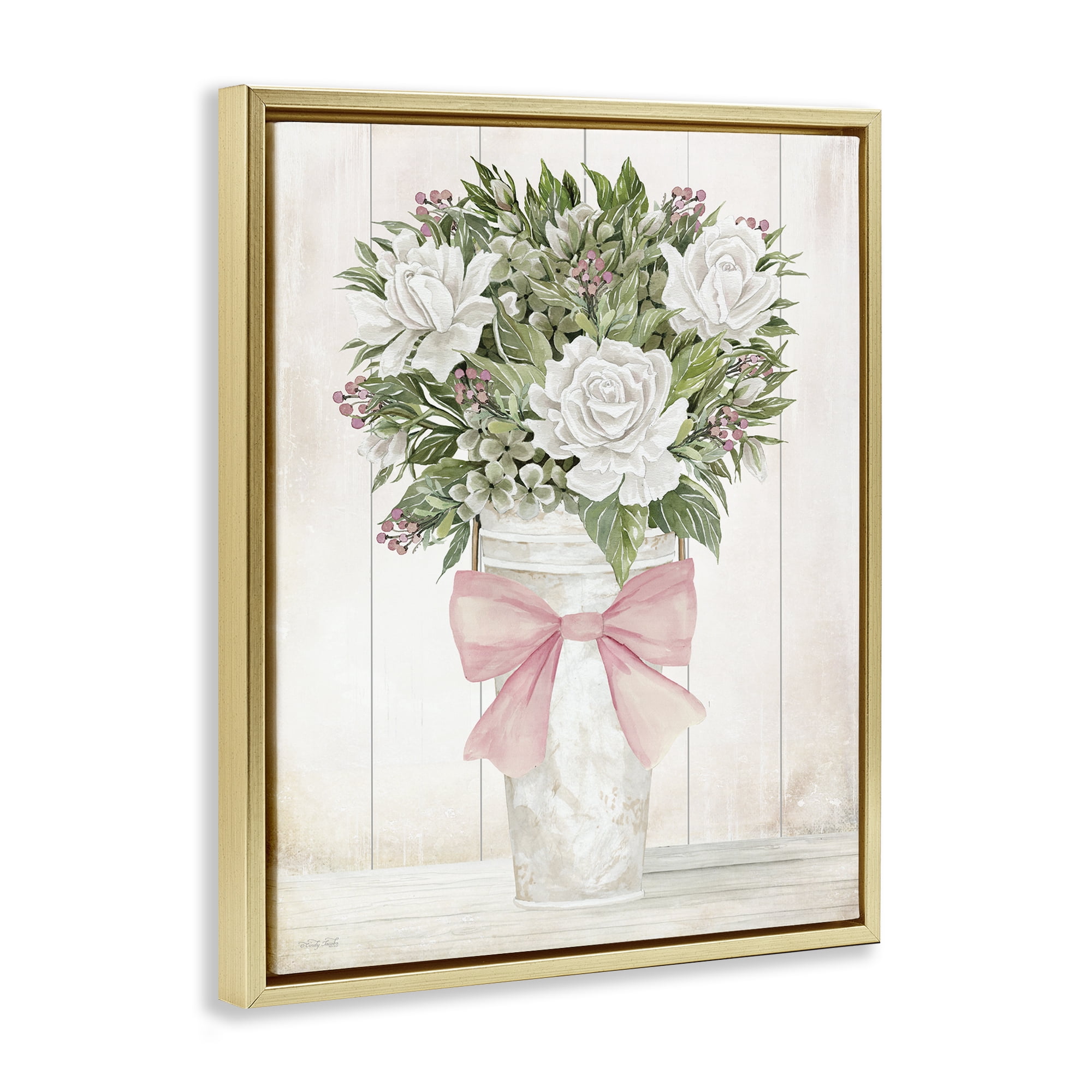 Stupell Industries Pretty In Pink Roses & Bow Gold Framed Floater Canvas Wall Art, design by Cindy Jacobs