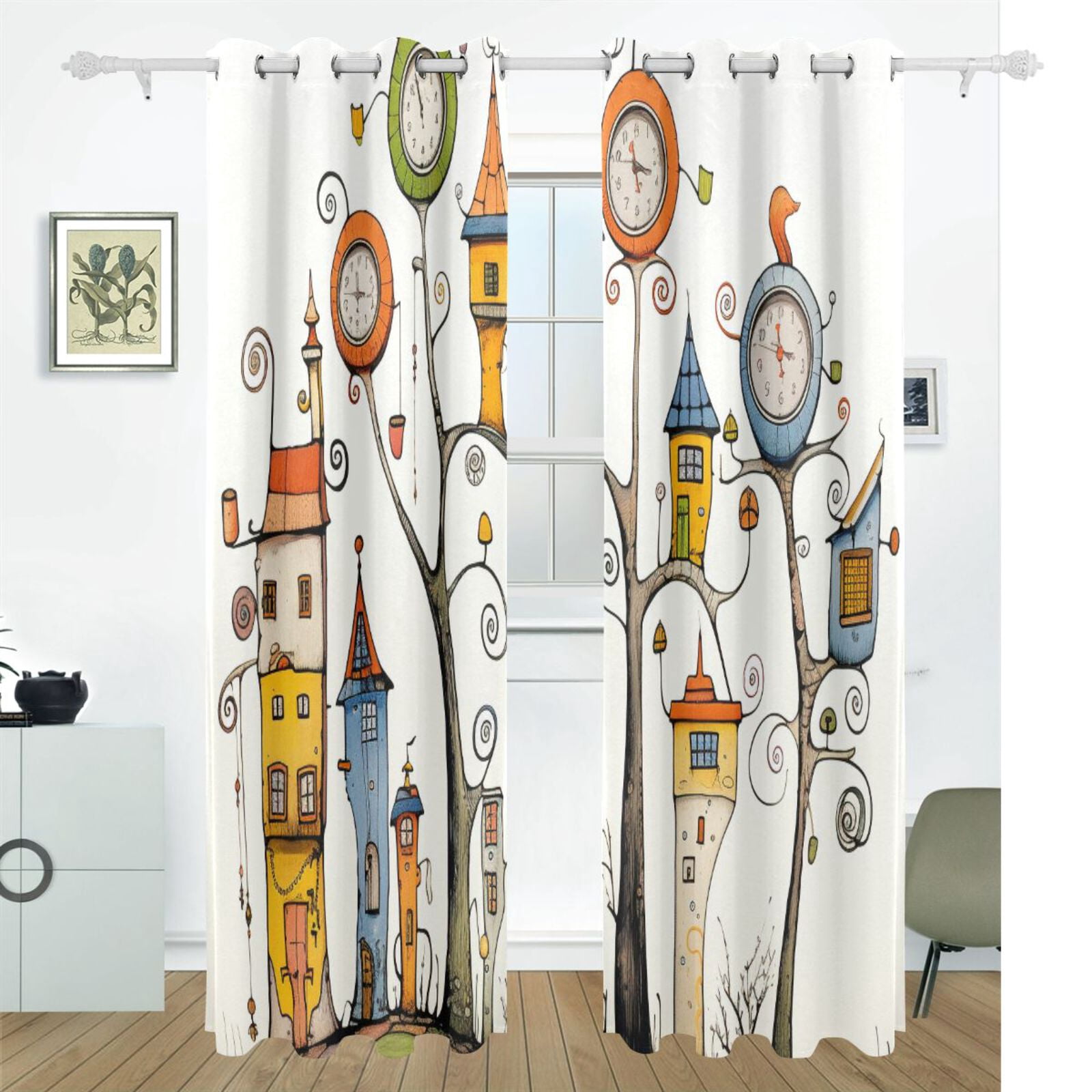 Trees Houses Clocks Black Out Curtains 84 Inch Length Curtains for Sliding Glass Doors Bedroom Living Room 2 Pack