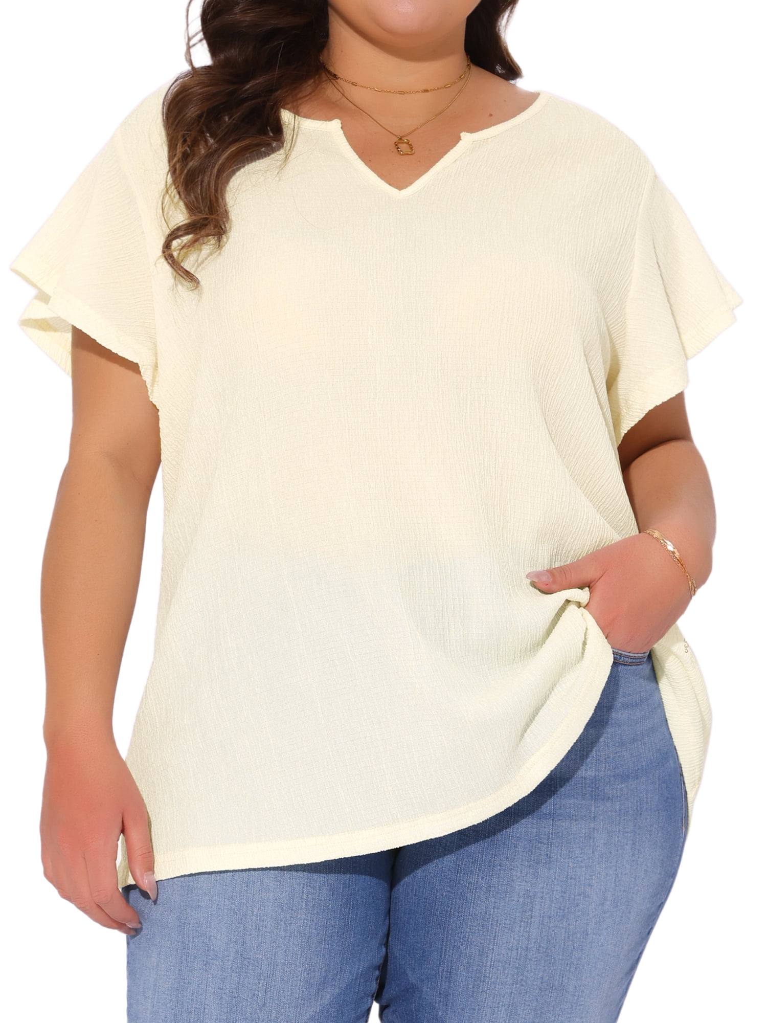DARING DIVA Women's Plus Tops V Neck Ruffle T Shirt Blouses 2X Beige