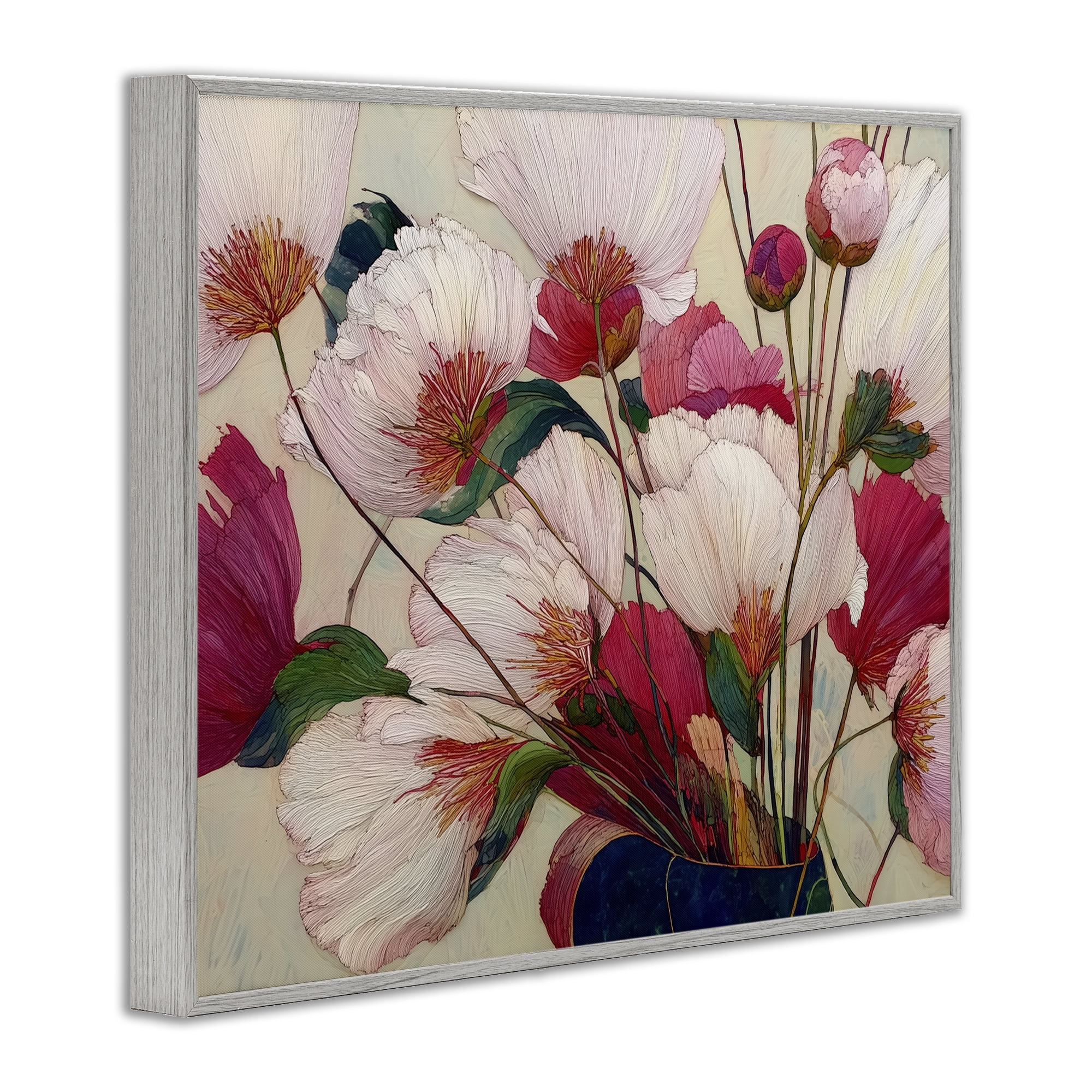 Lush Haiku Pink & White Flowers Gray Framed Giclee Art, design by Annabelle Hall