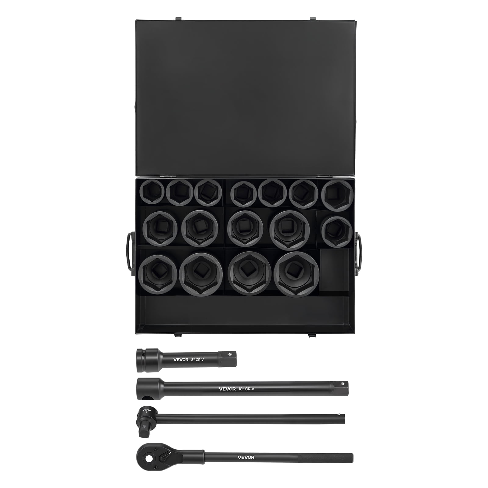VEVOR 1 in Drive Impact Socket Set, 21 Piece, 6 Point Shallow Impact Sockets, SAE (1-5/8 in to 3-1/8 in), with 8 in & 18 in Extension Bars, 24 in Ratchet, Cr-V Steel, Size Marking, and Carrying Case