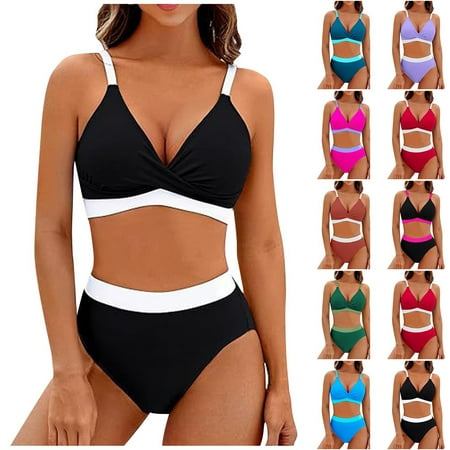 ZVAVZ High Waisted Bikini Sets for Women Two Piece Trendy Swimsuits Cheeky Color Block Twist V Neck Bathing Suit Tummy Control Push Up Swimwear Clearance Purple XL