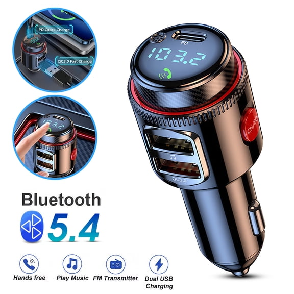 VTIN Bluetooth 5.4 Car FM Transmitter - QC 3.0 Type-C PD 30W 48W Max Fast Charging, Hi-Fi Deep Bass, CVC Noise Cancellation, Hands-Free Calling, 87.5-108MHz for 12-24V Cars/Vans/Trucks