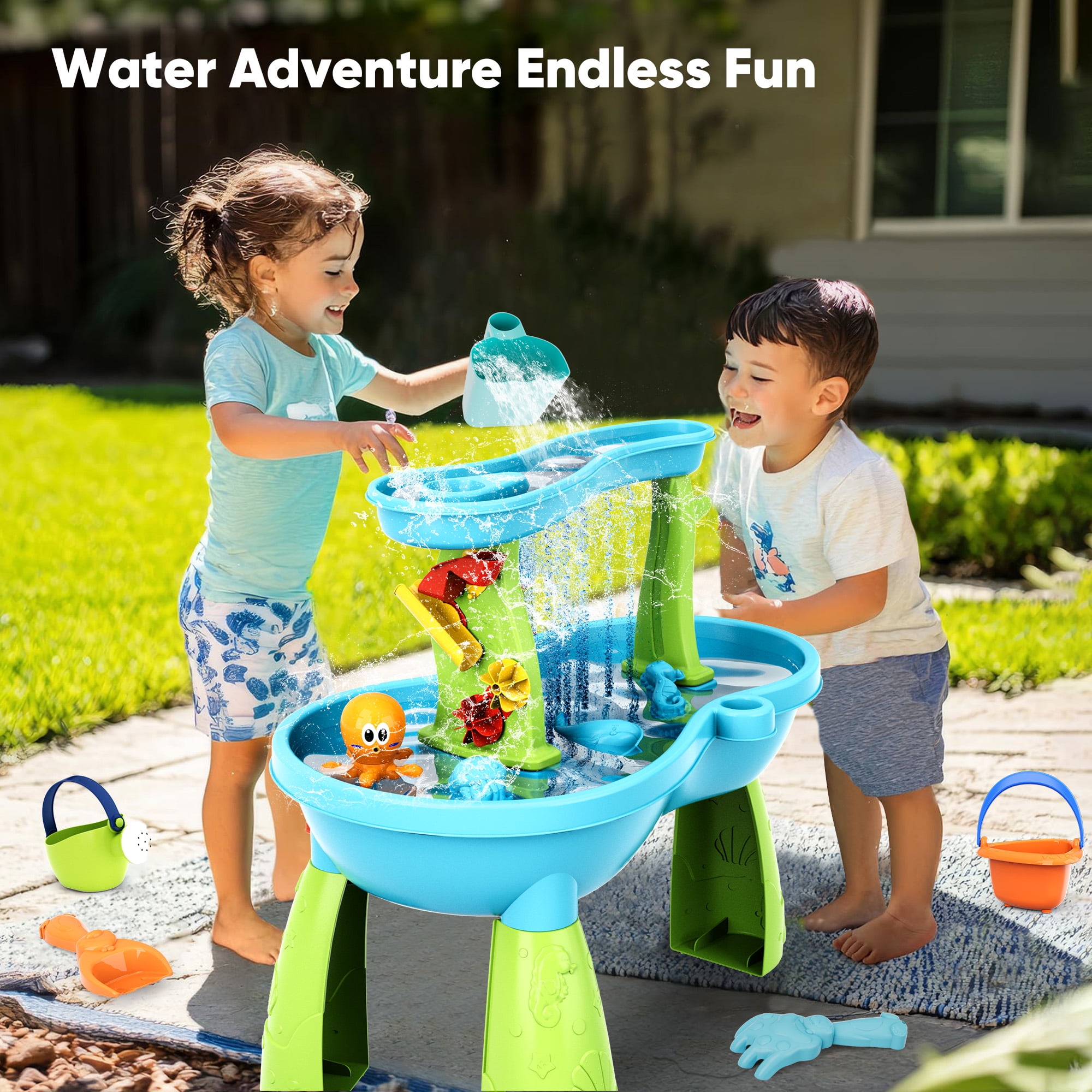 Yexmas Sand Water Table Toys for Toddlers,2-Tier Rain Pond Activity Sensory Play Table Beach Summer Outdoor Toys for Kids Boy Girls