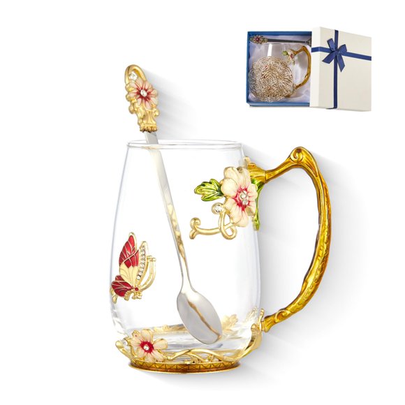 Taza de vidrio AISVELDY con flor y cuchara, caja de regalo