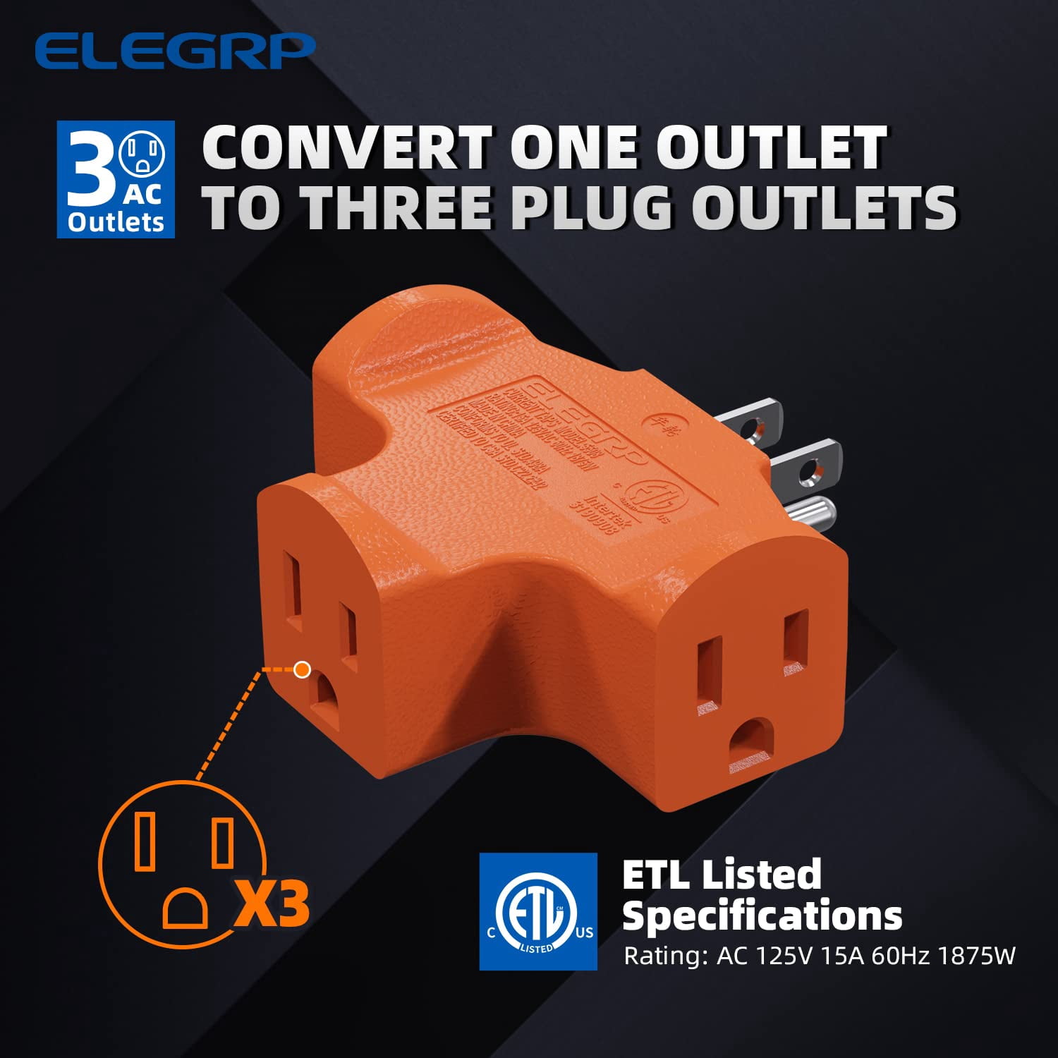 3-Prong Heavy Duty Power Extender to Triple Outlet in T Direction, Multi-Directional Grounded Wall Tap Outlet Extender with 3 Prong Plug-in, 15-Amp, 125-Volt, ETL Listed, 2 Pack, Orange