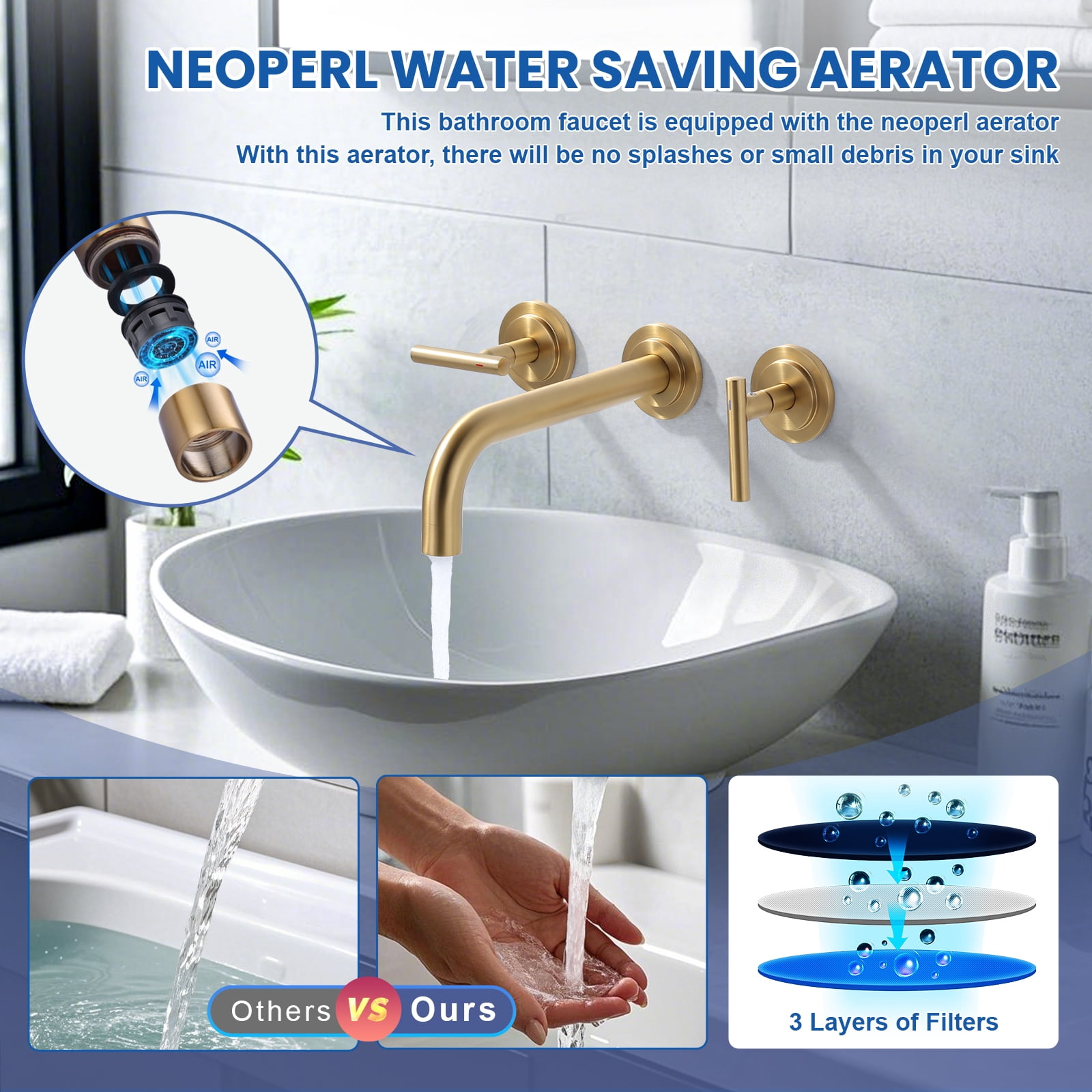 Double Handle Wall Mounted Bathroom Faucet with Rough-in Valve Included in Solid Brass Gold