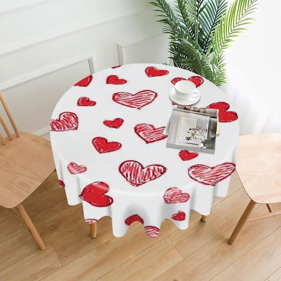 RKSupls 60 Inch Round Tablecloth, Red Hearts Pattern Premium Polyester Straight Edge Wrinkle Resistant Washable Table Cover for Party Home Dining Decor