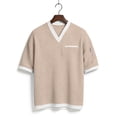thumbnail image 3 of Ceisia Men's Casual Fashion Waffle Knit Short Sleeve Shirt - V-neck Color Block Top with Sleeve Zipper Pocket Beige XXL Gifts, 3 of 6