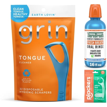 Fresh Breath Oral Care Bundle with TheraBreath Mouthwash, Plackers Mint Floss Picks and Grin Tongue Cleaners