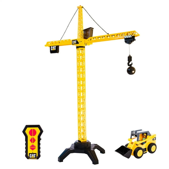 Cat Construction Workforce Jumbo Tower Crane Set, 50-Inch RC Crane Toy with 360-Degree Rotation, Hook and Wrecking Ball, Light, Skid Steer and 4" Fig