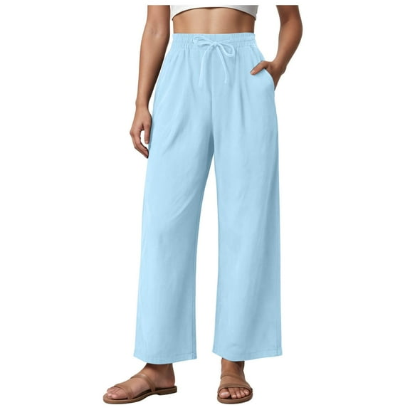 vigerkar Women's Casual Pants Drawstring Elastic Waist Pants Flowy Wide Leg Beach Trousers with Pockets Light Blue, L