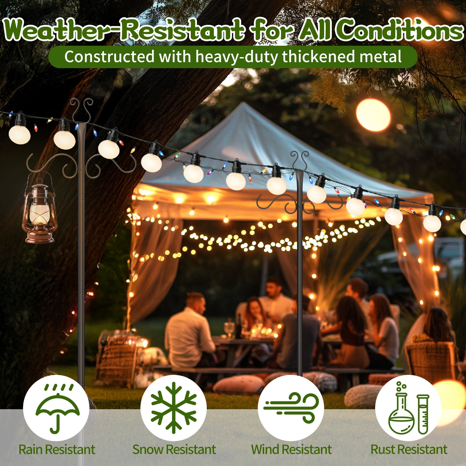 2-Pack 10-Foot Outdoor String Light Poles - Heavy-Duty Metal Patio Light Posts with Shepherd's Hooks for Hanging Lights, Plants & Bird Feeders