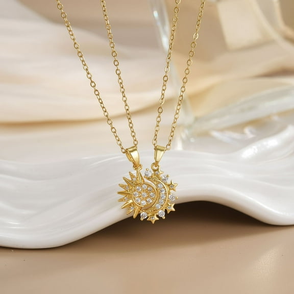 This magnetic sun, moon, and heart-shaped couple's necklace makes a stylish and sophisticated gift for friends, girlfriends, and lovers.