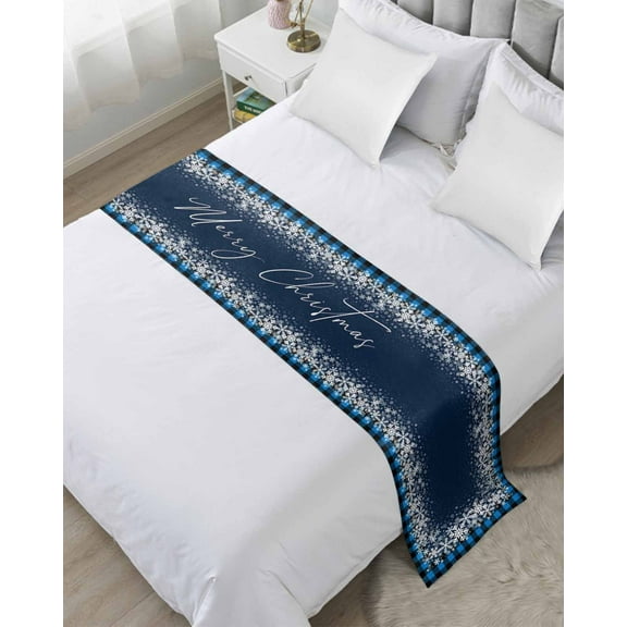 Xipuska Merry Christmas Bed Runners for Twin Size Bed, Decorative Bed Throws for Foot of Bed, Winter Holiday Xmas Snowflake Blue Plaid Bed Runner Sofa Throw Bedding Scarf Slipcover for Bedroom