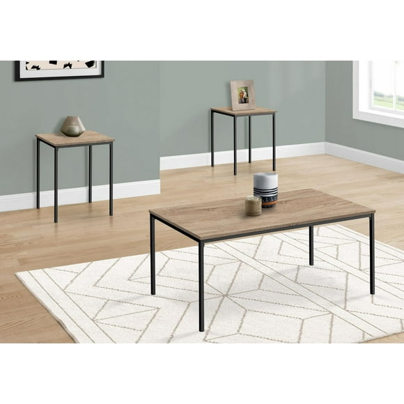 Monarch Specialties Table Set, 3pcs Set, Coffee, End, Black Metal, Dark Taupe Laminate, Contemporary, Modern