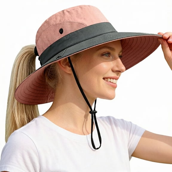 Women's Ponytail Sun Bucket Hats - UPF Wide Brim Mesh, Foldable for Hiking, Beach, Fishing & Summer Safari