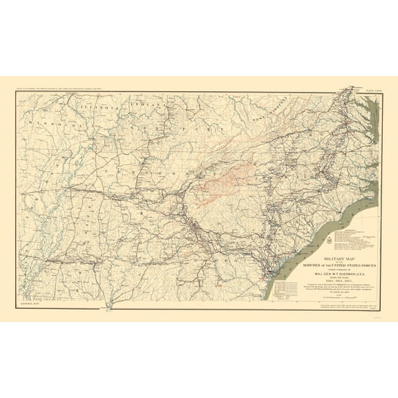 Historical Civil War Map - United States Force Marches- Sherman 1895  - Vintage Wall Art