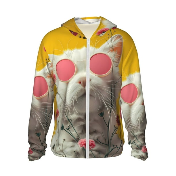 Balery Floral Sunglasses Cat Art Sudadera ligera de manga larga con capucha y protección solar UPF 50+ para hombre y mujer, ideal para pesca y running-Medium