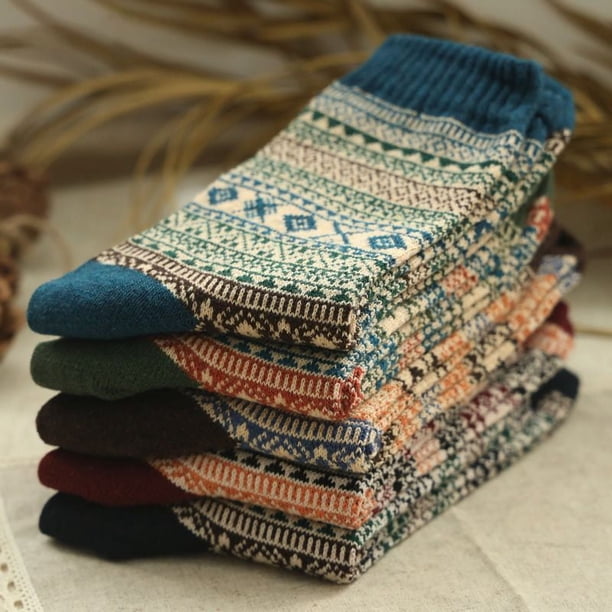 Calcetines de mujer otoño e invierno retro calcetines hasta media pantorrilla imitación doble aguja hilo grueso rómbico estilo étnico calcetines de mujer estilo Harajuku japonés calcetines de mujer