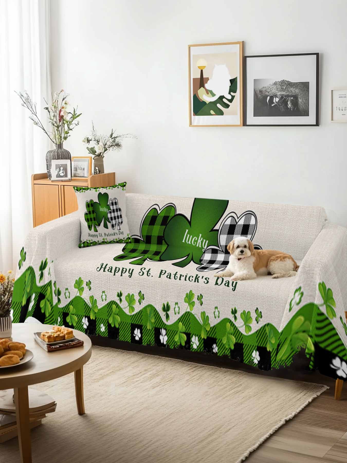 St. Patrick's Day Couch Cover, Green and Black Checkered Lucky Sofa Cover Blanket for 2 Seat Cushion, Sectional Sofa Slipcover Furniture Protector for Living Room Bedroom 71''x102''