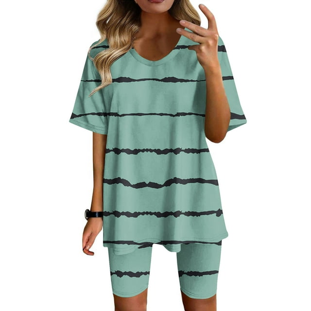 Ensembles Courts Femmes Tenues 2 Pcs Vacances Mode Femmes Blouse Col Rond Manches Courtes Hauts Shorts Ensemble Décontracté Ensembles Assortis Femmes Été en Liquidation