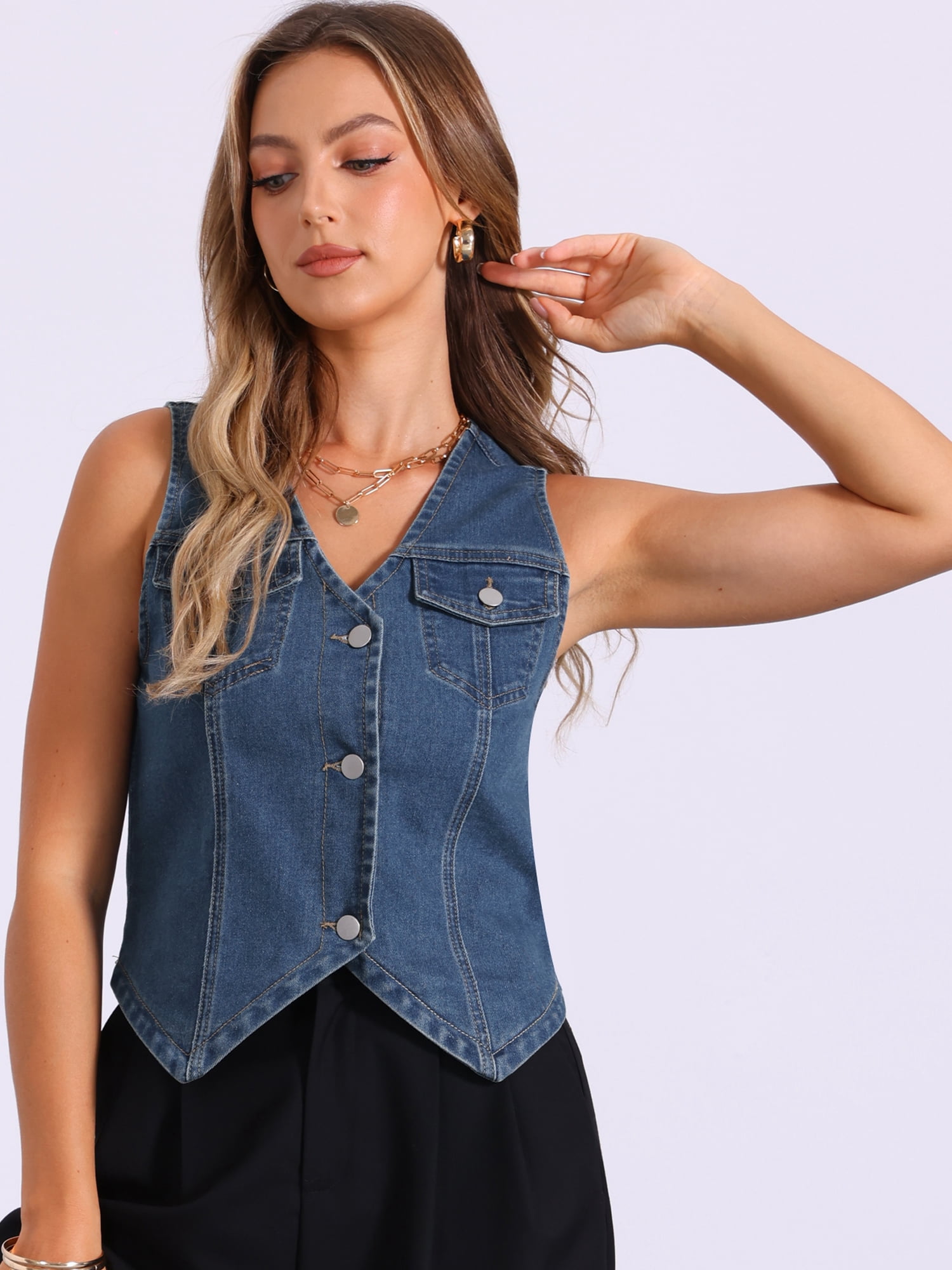 DARING DIVA Women's Denim Vest Jacket Sleeveless Jean with Pockets Top XS Blue