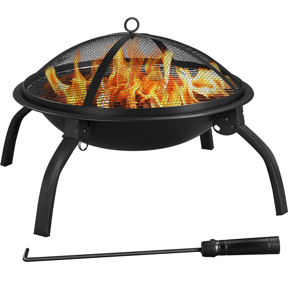 Topeakmart 22'' Round Iron Fire Pit Portable Outdoor Firepit with Mesh Lid Wood Grate Cooking Grill Fire Poker Carrying Bag, Black
