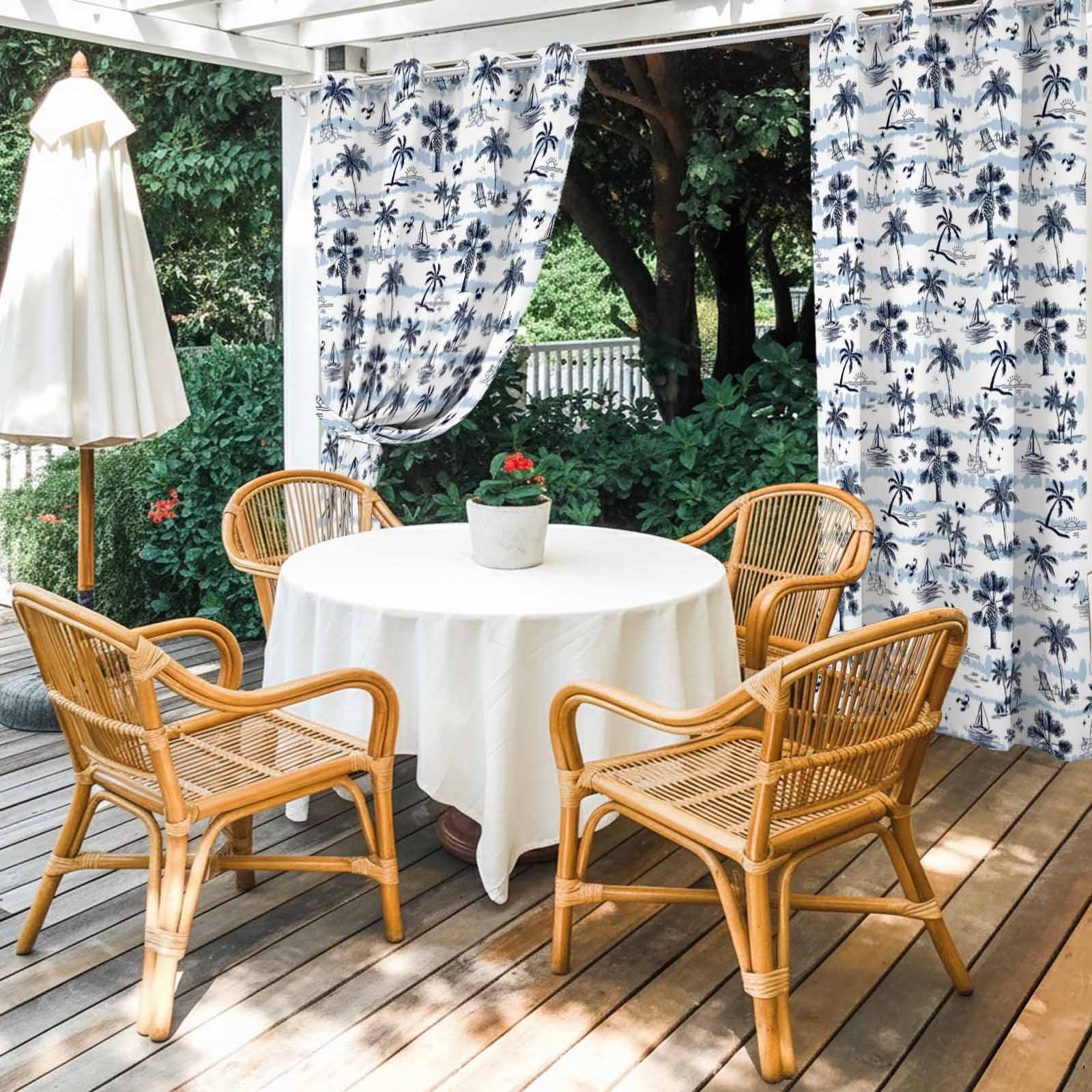 Tropical Plant Outdoor Curtains for Patio, Summer Coconut Tree Sailboat Sunset Blue Stripes Sunshade Privacy Drapes Grommet Waterproof Outside Curtains for Porch/Cabana/Balcony 54"x 108", 1 Panel