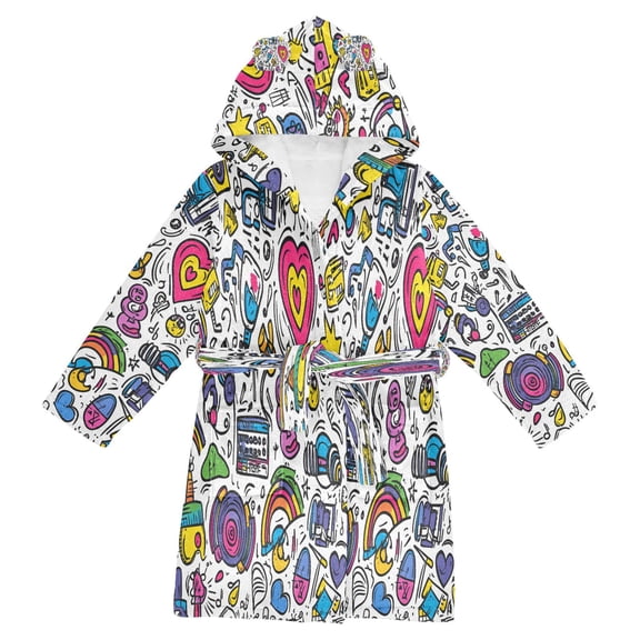FORMRS Niños Bathrobe Unisex Hooded Robe Soft Plush Pajamas Sleepwear, Size 2-3T, White Doodle Pattern